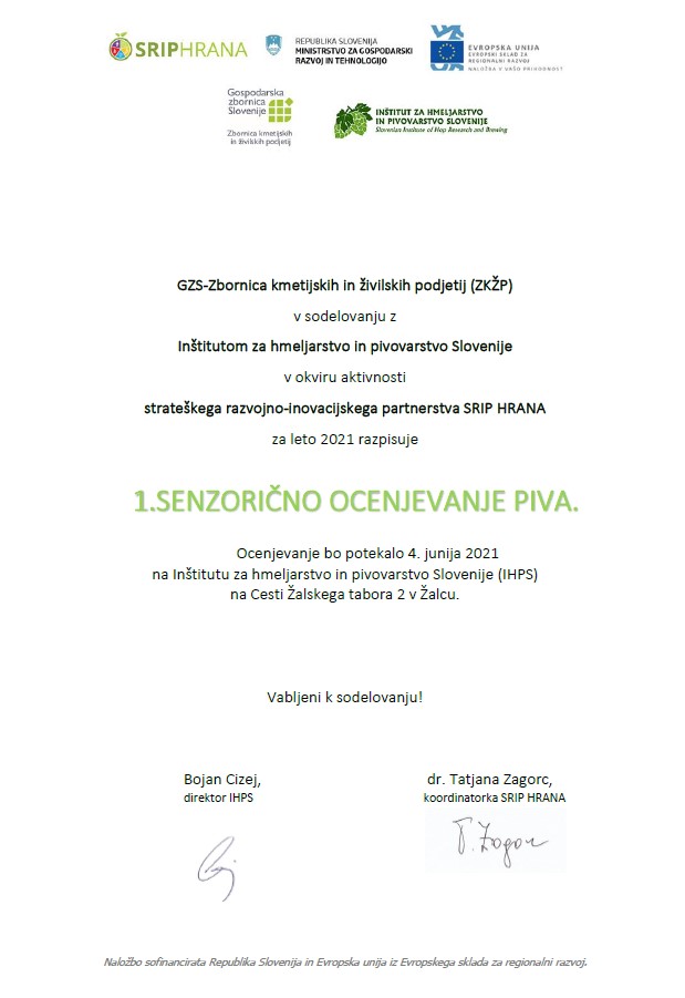 Slika z informacijami o razpisani aktivnosti prvega senzoričnega ocenjevanja piva